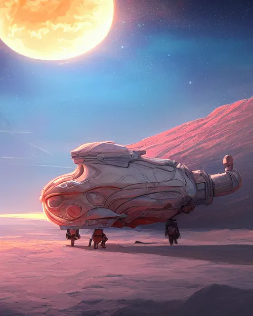 Image similar to ancient space ship, ice fish shape, desert planet, cinematic, highly detailed, scifi, intricate digital painting, sunset, red glow, illustration, artstation, by johnson ting, jama jurabaev