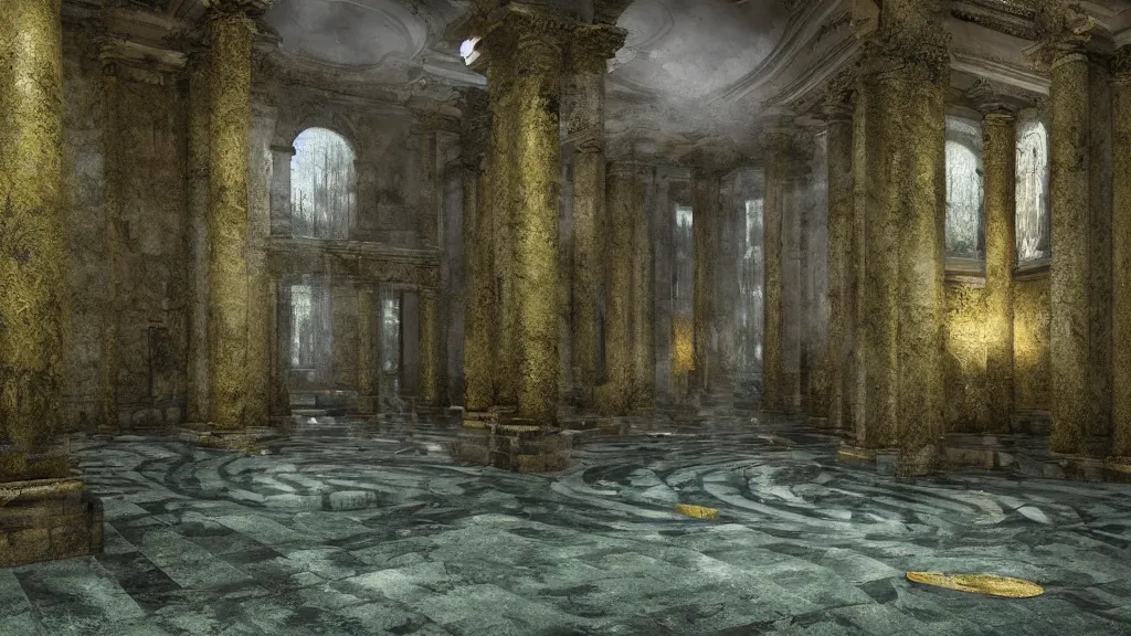 Prompt: roman bath, marblefloor with gold pattern, golden snakes, mossy pillar, ruin, godrays, fog, waterfall, cgsociety,