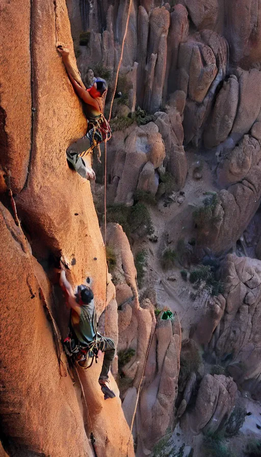 Image similar to rock climbers climbing a rock, an epic fantasy, dramatic lighting, cinematic, extremely high detail, photorealistic, cinematic lighting, matte painting, artstation, octane render by craig mullins, horizon forbidden west