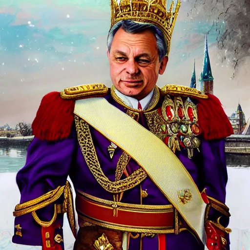 Prompt: an extremely realistic portrait depicting the coronation of hungarian prime minister viktor orban dressed in royal national costume, on the frozen danube, detailed, intricate, elegant, highly detailed, digital painting, artstation, concept art, smooth, sharp focus, illustration,