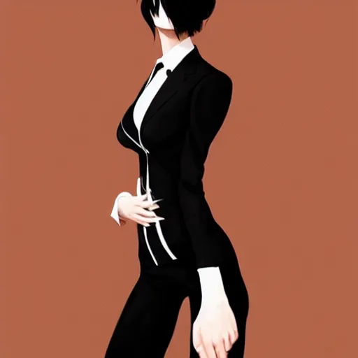 Image similar to slim girl in tuxedo with short black hair, elegant, 2d, ultra highly detailed, digital painting, smooth, sharp focus, artstation, art by Ilya Kuvshinov