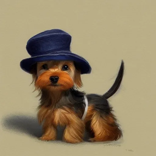 Prompt: The cutest yorkshire terrier wearing a fedora hat, concept art by Justin Gerard, trending on artstation