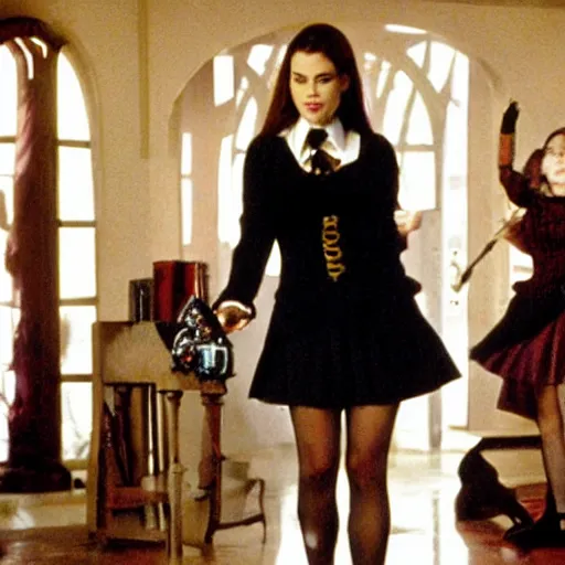 Prompt: film still of sofia vergara as a gothic schoolgirl, directed by quintin tarantino.