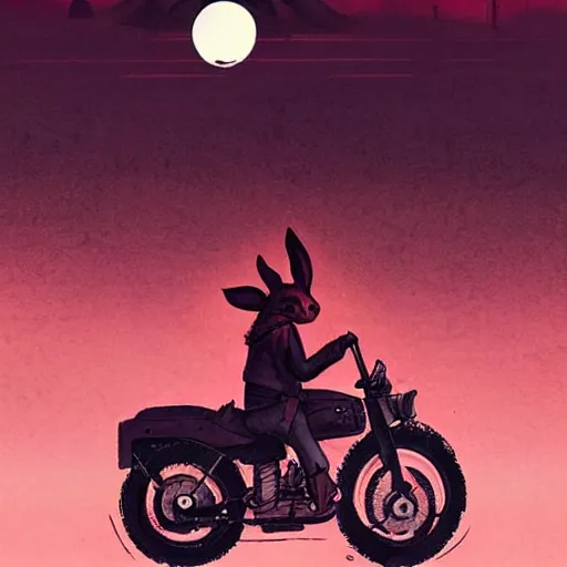 Image similar to bunny wearing a leather jacket riding a motorbike during sakura season on a blood moon by simon stalenhag, rule of thirds, dynamic pose, action pose, beautiful landscape