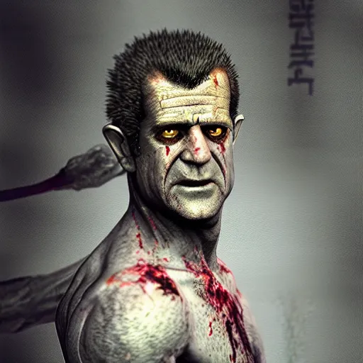 Prompt: a zombie Mel Gibson, by WLOP, horror, wounds, bloody, dark fantasy, trending on artstation