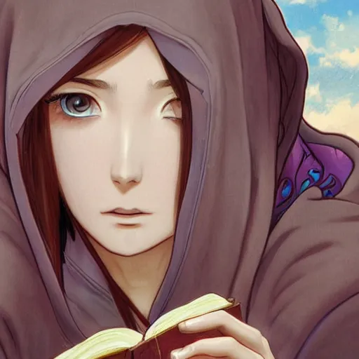 Prompt: portrait of a female wizard with brown hair wearing a blue hooded robe holding a book, fantasy, extremely detailed, digital illustration, character art, seinen, anime key visual, art by hayao miyazaki and makoto shinkai and alphonse mucha, trending on artstation