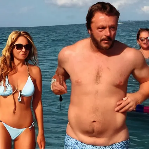 Image similar to photo of a 4 0 year old man that looks young for his age dating a very attractive 2 2 year old woman wearing a bikini. his wife is visibly upset in the background. lol
