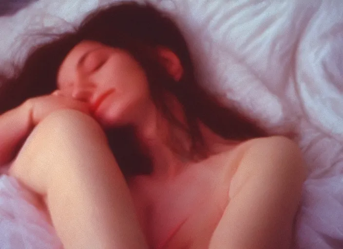 Prompt: close-up color film photography 1970s, sleeping woman, soft focus, golden hour, soft light, 35mm, film photo, nan goldin