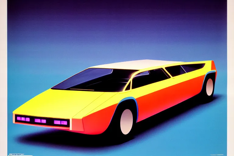 Prompt: designed by giorgetto giugiaro stylized poster of a single 1 9 7 9 vehicle concept, thick neon lights, ektachrome photograph, volumetric lighting, f 8 aperture, cinematic eastman 5 3 8 4 film