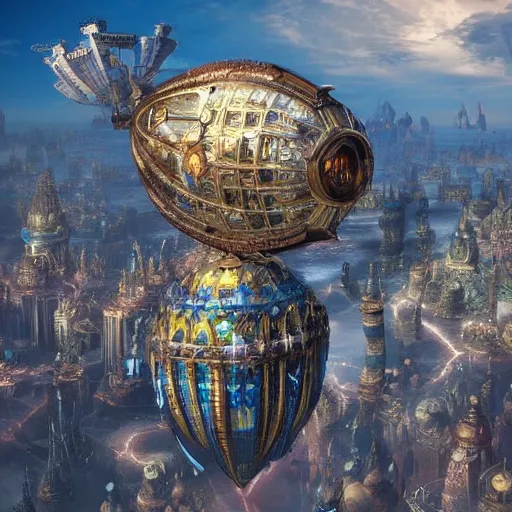 Prompt: enormous flying city in a faberge egg, floating islands, small airships, steampunk, fantasy art, intricate, masterpiece, unreal engine