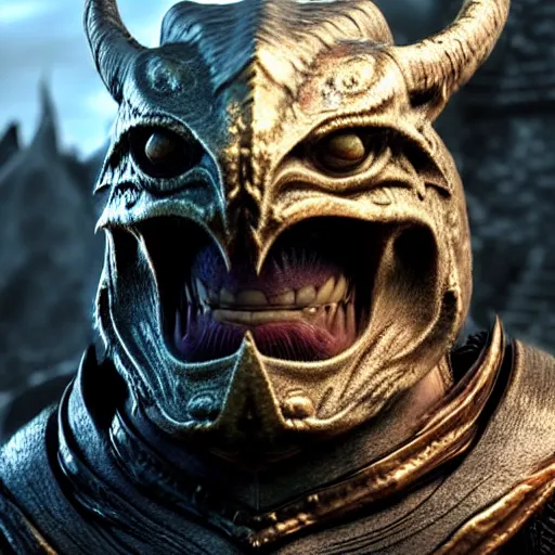 Prompt: selfie of the dragonborn, skyrim, fine detailed face, enb, stunning 3 d render inspired art by greg rutkowski and xiang duan and thomas eakes, realistic, highly detailed attributes and atmosphere, dim volumetric cinematic lighting, 8 k octane detailed render, post - processing, masterpiece, golden hour, soft focus
