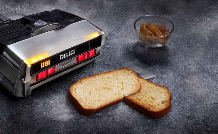 Image similar to a time-traveling delorean styled toaster with toast, bread inserted into slot, professional product shot, magazine ad