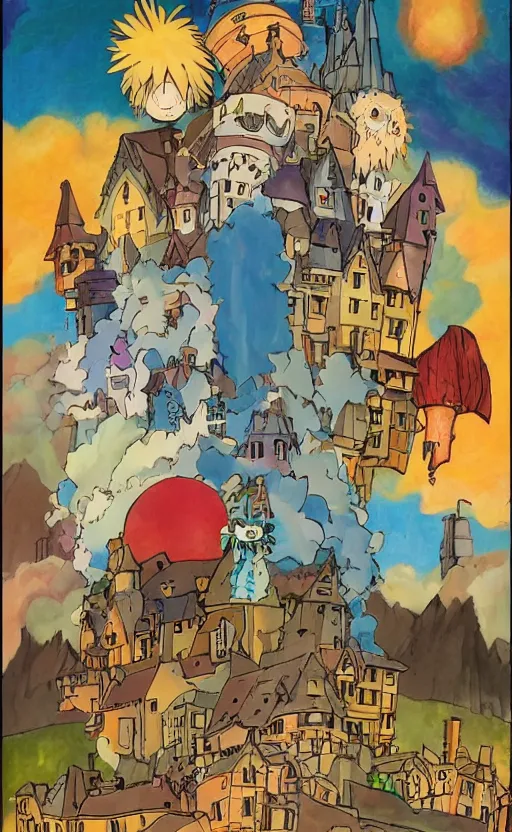 Image similar to howl's moving castle in the style of Mary Blair