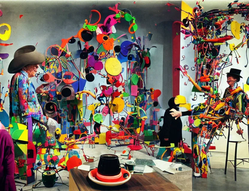 Prompt: a colorful installation artwork of a old and strange dusty professor in black suite and hat and a old woman making a study of drinking 1 0 cups of black coffee in 5 seconds in a kitchen that is melting, styled by jean tinguely and niki de saint phalle