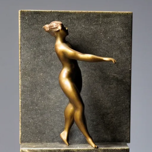 Image similar to antique 1930s France art deco. bronze figurine of a woman dancing. on marble base. by Briand Marcel Bouraine. 30cm. high detail photograph. studio