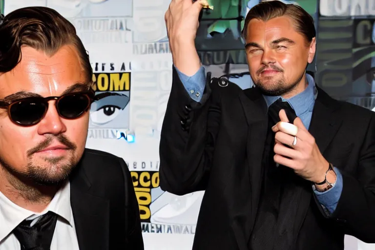 Image similar to Leonardo DiCaprio cosplaying as Borat, 8k resolution at Comic Con