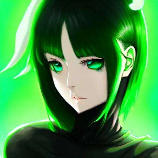 Image similar to a woman with dark green hair and glowing green eyes, anime, artstation, trending on artstation, high quality