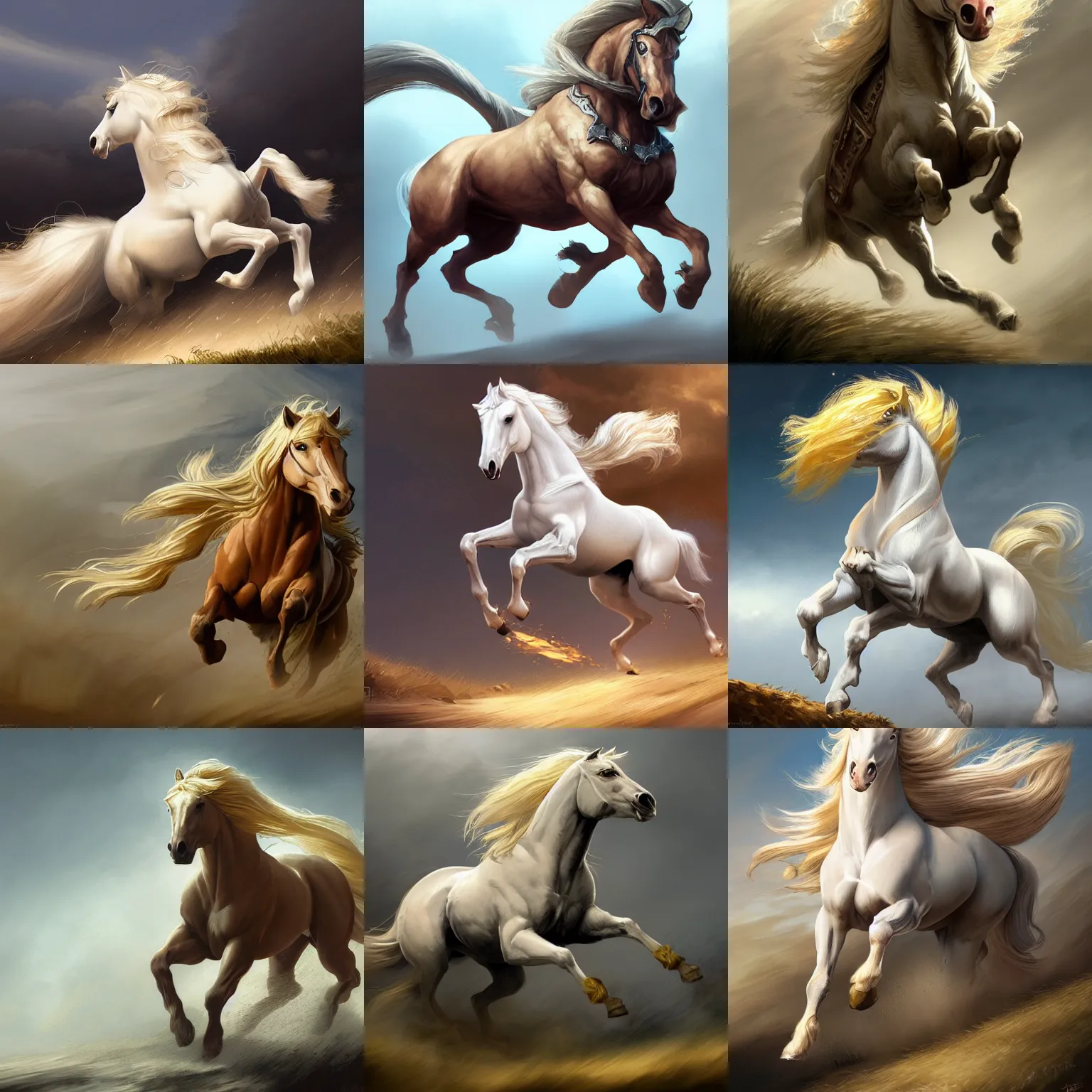 Prompt: white horse with blond mane running, medieval, highly detailed, digital painting, artstation, concept art, sharp focus, illustration, aleksi briclo, rutkowski, frazetta