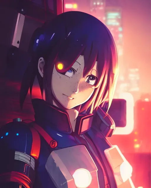 Image similar to portrait of anime girl in mechanic armor in night tokyo by makoto sinkai, my hero academia,cyberpunk, greg rutkowski, perfect face, fine details