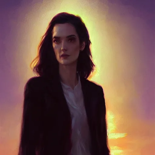 Prompt: a closeup portrait of a winona ryder, dramatic light, lake background, sunset, dark, painted by stanley lau, painted by greg rutkowski, painted by stanley artgerm, digital art, trending on artstation