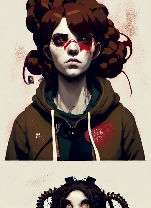 Prompt: highly detailed portrait of a sewer punk lady, tartan hoody, ringlet hair by atey ghailan, by greg rutkowski, by greg tocchini, by james gilleard, by joe fenton, by kaethe butcher, gradient red, brown, cream and white color scheme, grunge aesthetic!!! ( ( graffiti tag wall background ) )