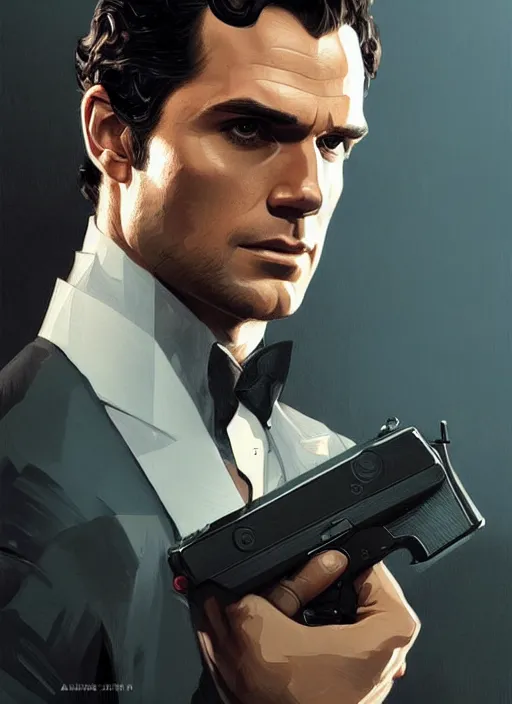 Image similar to portrait of henry cavill as james bond, highly detailed, pistol, digital painting, artstation, concept art, oppresive lighting, sharp focus, illustration, art by artgerm and greg rutkowski and alphonse mucha