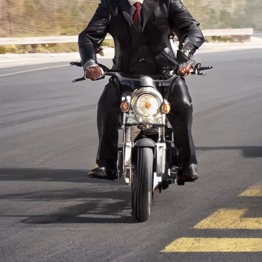 Image similar to A photo of Saul Goodman riding a motorcycle, highly detailed, 4k