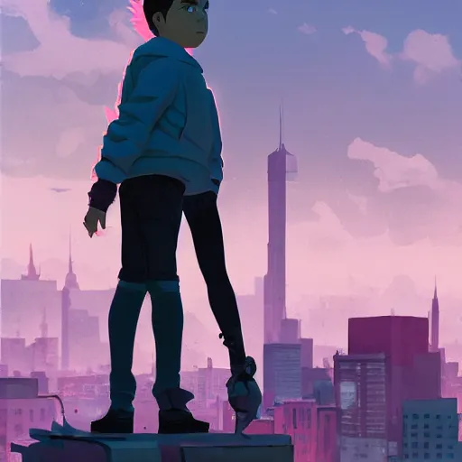 Image similar to damian wayne with pink haired friend, city landscape, Gotham, artstation, highly detailed, by makoto shinkai and thomas kindle and James gilleard