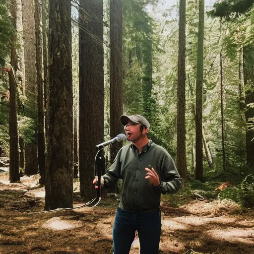 Image similar to A news reporter who is a deer speaks into a microphone while standing in the Siuslaw National Forest | 25mm f/1.8