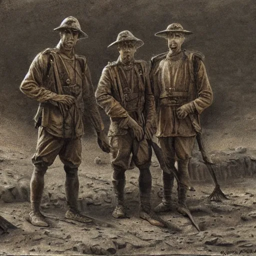 Image similar to ultra detailed photorealistic sepia - toned painting from 1 9 1 7, three british soldiers standing at an archaeological dig site in wadi rum, ultra realistic, painted, intricate details, lovecraft, atmospheric, dark, horror, brooding, highly detailed, by clyde caldwell