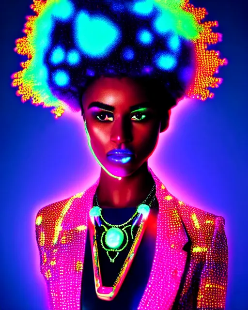 Image similar to afro futuristic portrait of a black woman. vivid neon lighting, colors. fashionable jacket, necklace. cyberpunk style, wearing a crown of blue crystals and diamond studs in the cosmos by manzel bowman