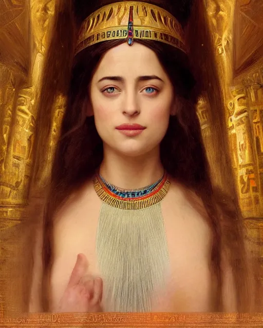 Prompt: Dakota Johnson as a beautiful egyptian princess, gorgeous, portrait, Symmetrical, powerful, intricate, beautiful, masterpiece, elegant, volumetric lighting, highly detailed, digital painting, hyper-realistic, artstation, sharp focus, no blur, illustration, William-Adolphe Bouguereau , ruan jia