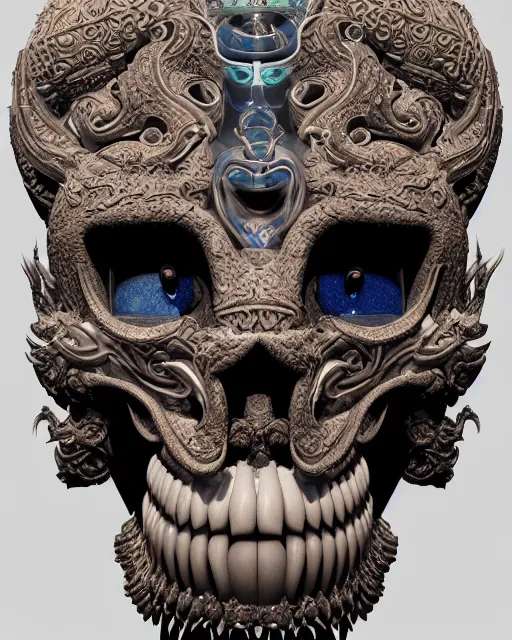 Image similar to 3 d ornate carved head with tattoos profile portrait, sigma 5 0 0 mm f / 5. beautiful intricate highly detailed quetzalcoatl skull. bioluminescent, plasma, lava, ice, water, wind, creature, thunderstorm! artwork by tooth wu and wlop and beeple and greg rutkowski, 8 k trending on artstation