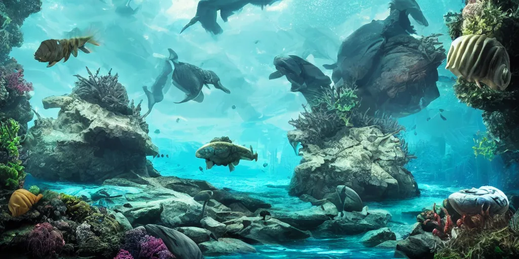 Image similar to underwater enviroment with Anoplogaster creatures, unreal 5, hyperrealistic, realistic, photorealistic, dynamic lighting, highly detailed, cinematic landscape, studio landscape, studio lighting