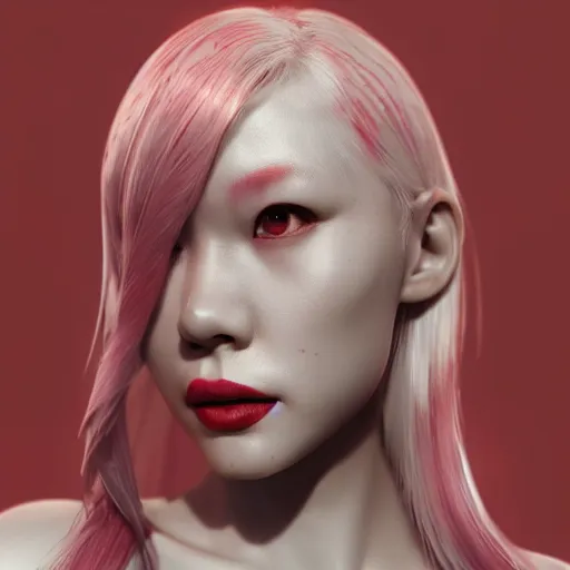 Image similar to albino Asian mermaid , unreal engine octane, red and white, portrait, gliter, depth of field, 8k, hyper detailed, intrin ate, trending on artstation