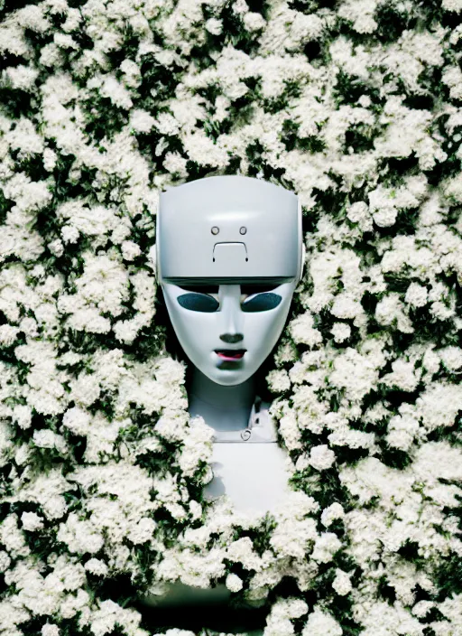 Prompt: a portrait photograph of a robot head in front of a wall of flowers designed by Balenciaga, 35mm, pentax, studio