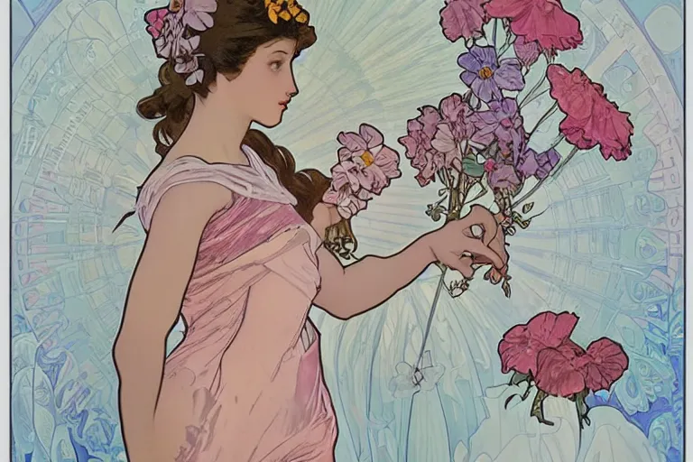 Image similar to a pretty girl with a robotic arm holding a flower, graphic novel, miniature faking, alphonse mucha, baby pink color, ceramic, dof