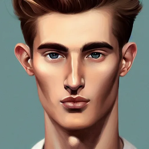 Image similar to tall man in his twenties with brown blond short quiff hair and thin slightly round facial structure with cleft chin, straight eyebrows and prominent nose, good definition of cheekbones, big hazel nut brown eyes, narrow face, slim body, atmospheric lighting, painted, intricate, 4 k, highly detailed by charlie bowater