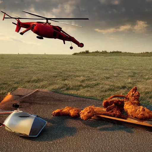 Image similar to a crashed helicopter next to a giant fried chicken, 8k resolution, amazing detail