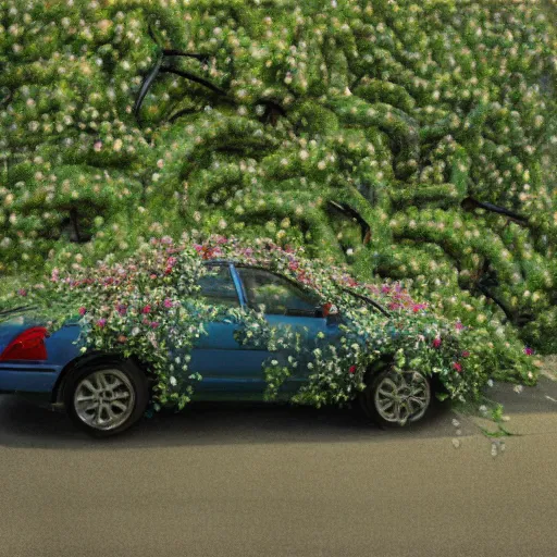 Image similar to a car being destroyed by flower covered vines, heonhwa choe, photorealistic