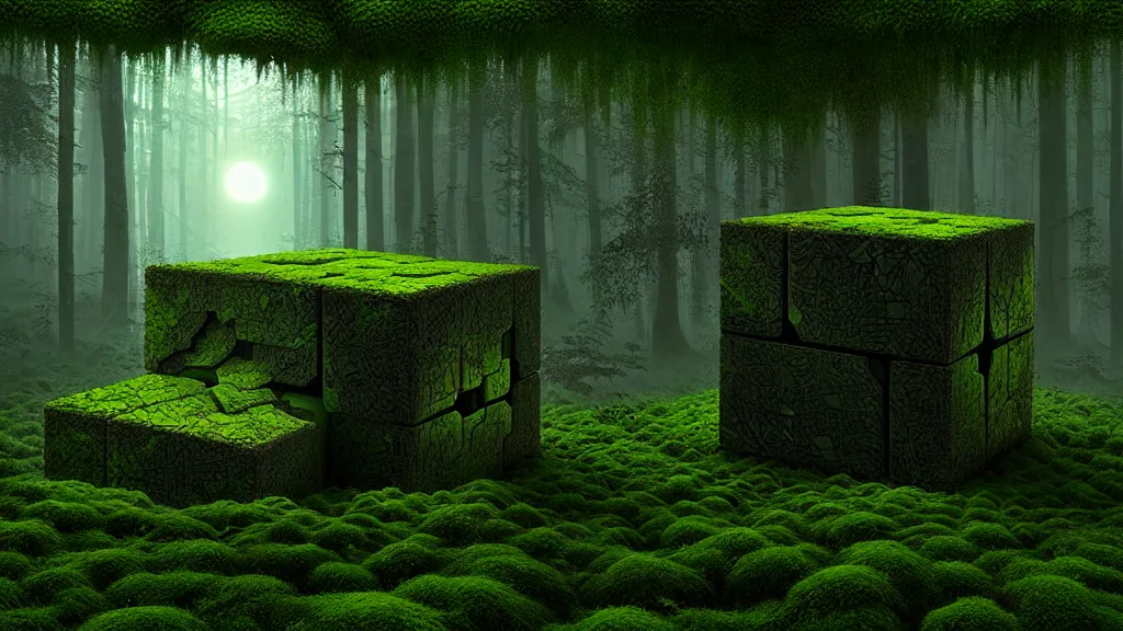 Image similar to a hube alien cube with a strange texture from nanotechnology, forgotten and overgrown with moss, lost in the forest, detailed digital art by greg rutkowski.