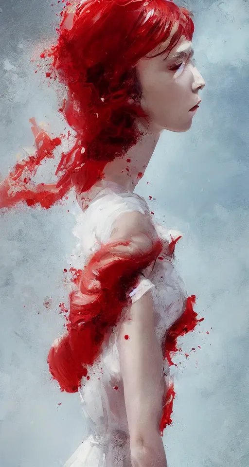 Prompt: A beuatiful portrait of a women in white and red dress by Greg Rutkowski, Sung Choi, Mitchell Mohrhauser, Maciej Kuciara, Johnson Ting, Maxim Verehin, Peter Konig, Bloodborne, full body, 8k photorealistic, cinematic lighting, HD, high details, dramatic, dark atmosphere, trending on artstation