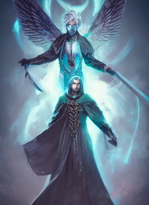 Prompt: an epic fantastic realism comic book style portrait painting of an aasimar hexblade warlock, teal energy, male, grand angel wings, silver hair, short beard, cloak, d & d concept art, unreal 5, daz, hyperrealistic, octane render, cosplay, rpg portrait, dynamic lighting