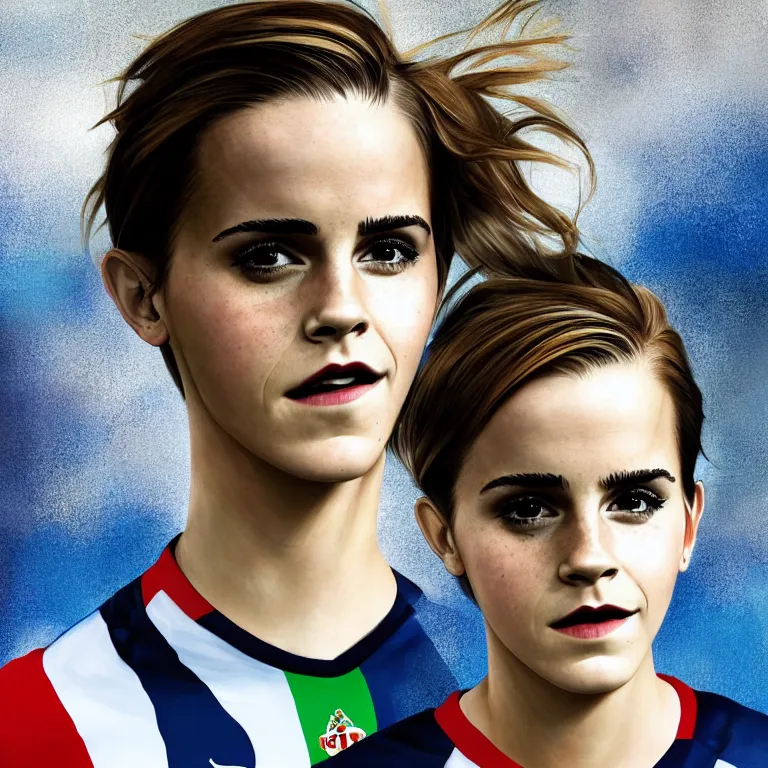 Image similar to emma watson as a lokomotiv football player, face portrait, hyper realistic, highly detailed