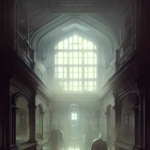 Prompt: psychiatric hospital asylum, horror scene, eerie atmosphere, by greg rutkowski and gaston bussiere, fluorescent lighting, beautiful volumetric - lighting - style atmosphere, futuristic atmosphere, intricate, detailed, photorealistic imagery, artstation