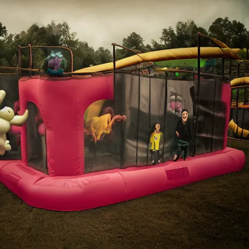 Image similar to cinematic photo of a 1 2 foot high big foot on a jumping castle with scared children, overcast, dark shadows, muted palette, directed by david lynch