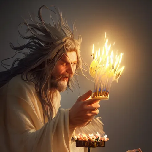 Image similar to a yound deshelved wizard with crazy hair blowing out his birthday candles, art by artgerm and greg rutkowski and alphonse mucha, concept art, octane render, unreal engine 5, highly detailed, high quality, 8 k, soft lighting, realistic face, path traced