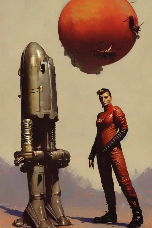 Image similar to pulp scifi fantasy illustration full body portrait of elegant woman wearing latex spacesuit standing beside huge martian, by norman rockwell, jack kirby, bergey, craig mullins, ruan jia, jeremy mann, tom lovell, 5 0 s, astounding stories, fantasy