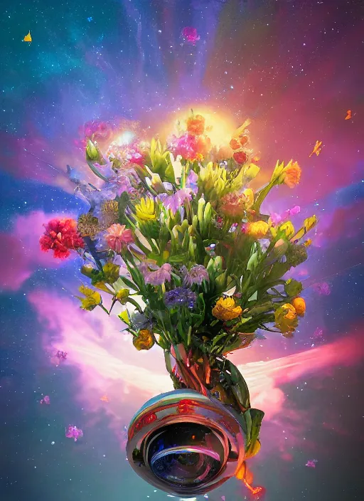Image similar to An epic fantastic realism comic book style painting of the most beautiful flowers launched into space, bouquets, fisheye lens, unreal 5, DAZ, hyperrealistic, stars in the night sky reflected in the sea, octane render, dynamic lighting