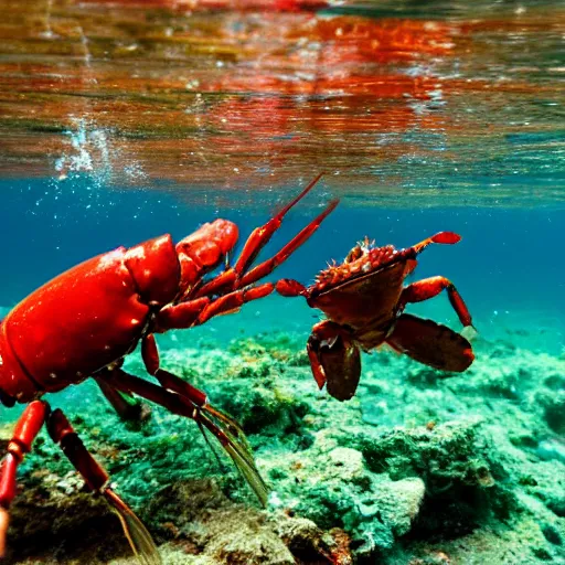 Prompt: lobsters fighting under water